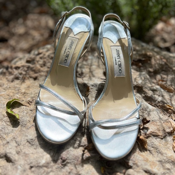 90s Strappy Napa Silver Leather Jimmy Choo Heels Stilettos | 39 - Picture 2 of 11